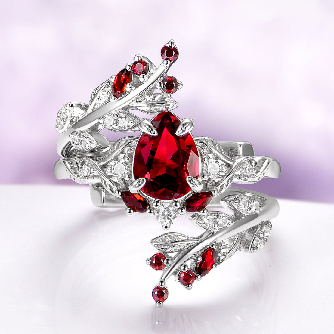 Wisteria Natural Red Garnet Leaf Couples Ring Set
