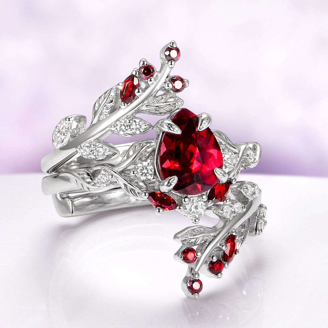 Wisteria Natural Red Garnet Leaf Couples Ring Set