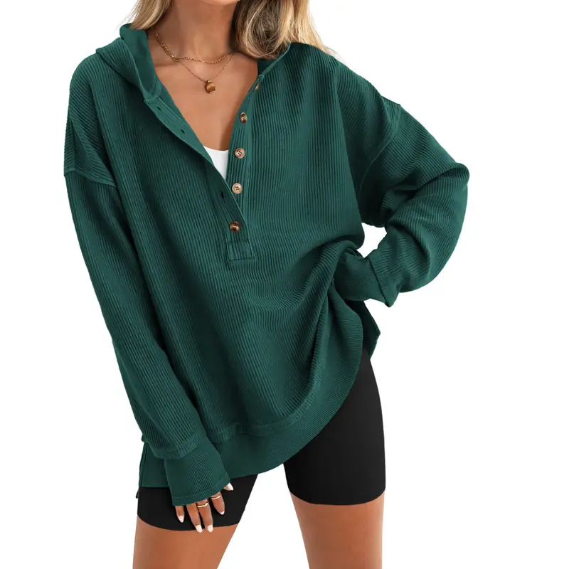 Women's Oversized Button V Neck Hoodie Long Sleeve Sweatshirt