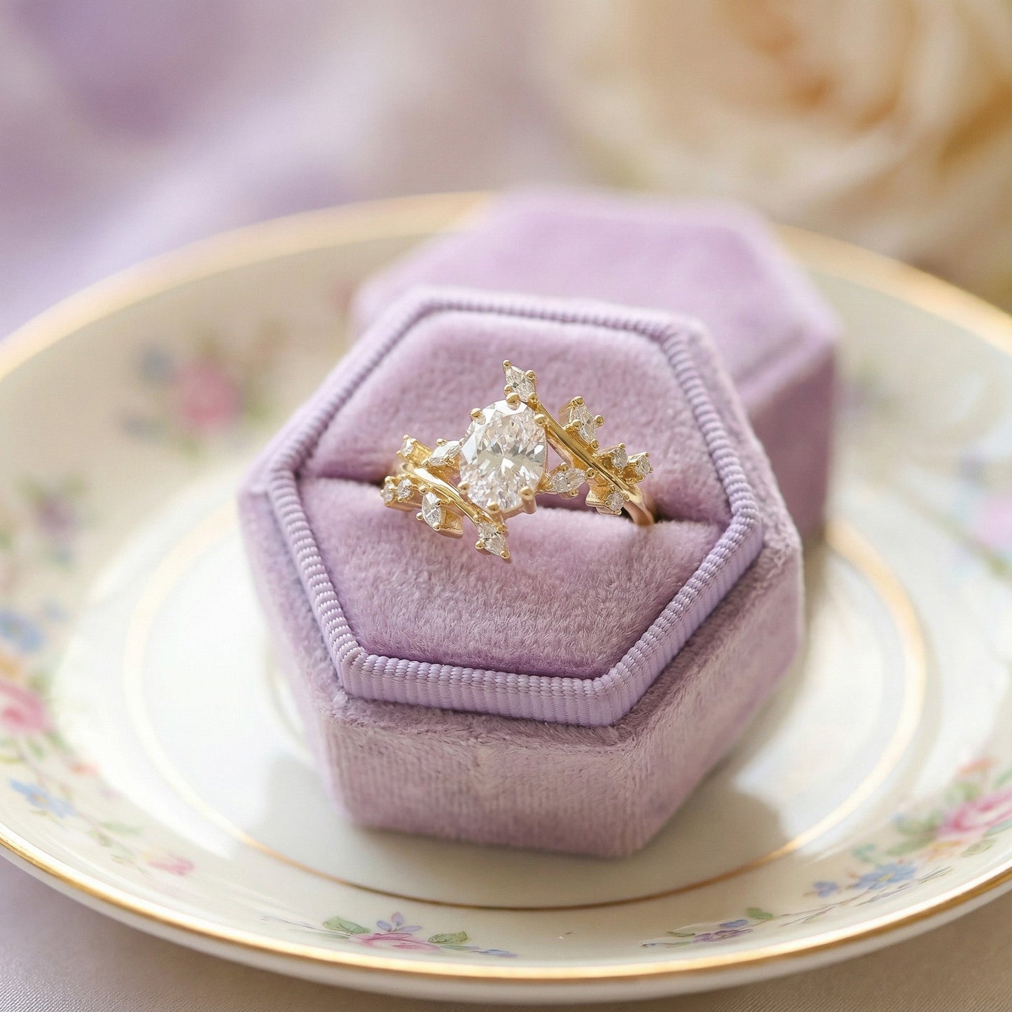 Simulated Diamond Leaf Couples Ring Set