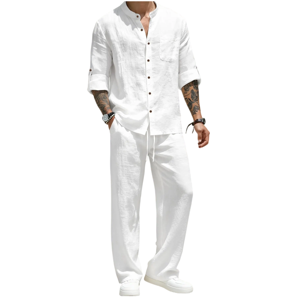 Men's Linen Stand Collar Long Sleeve Button Shirt & Straight Leg Belted Pants Set