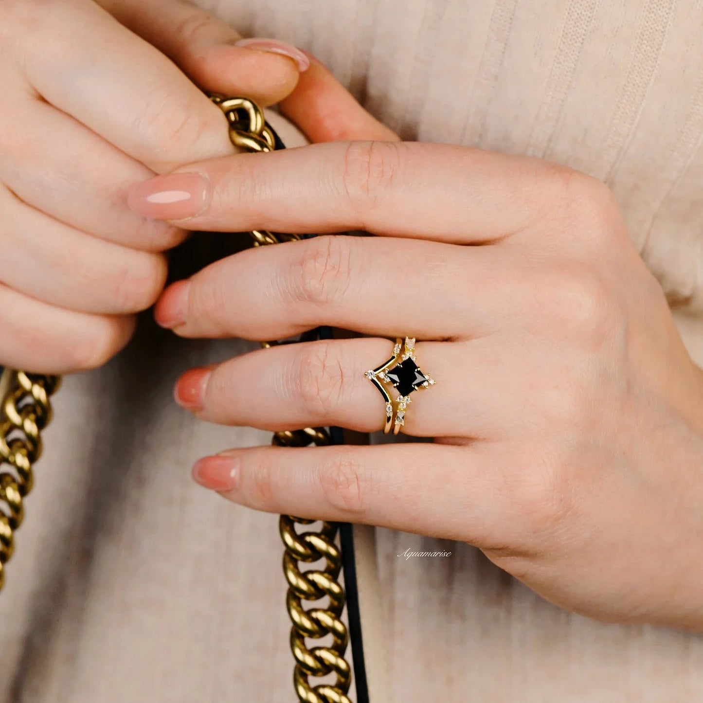 Black Onyx & Meteorite Gold Leaf Couples Ring Set