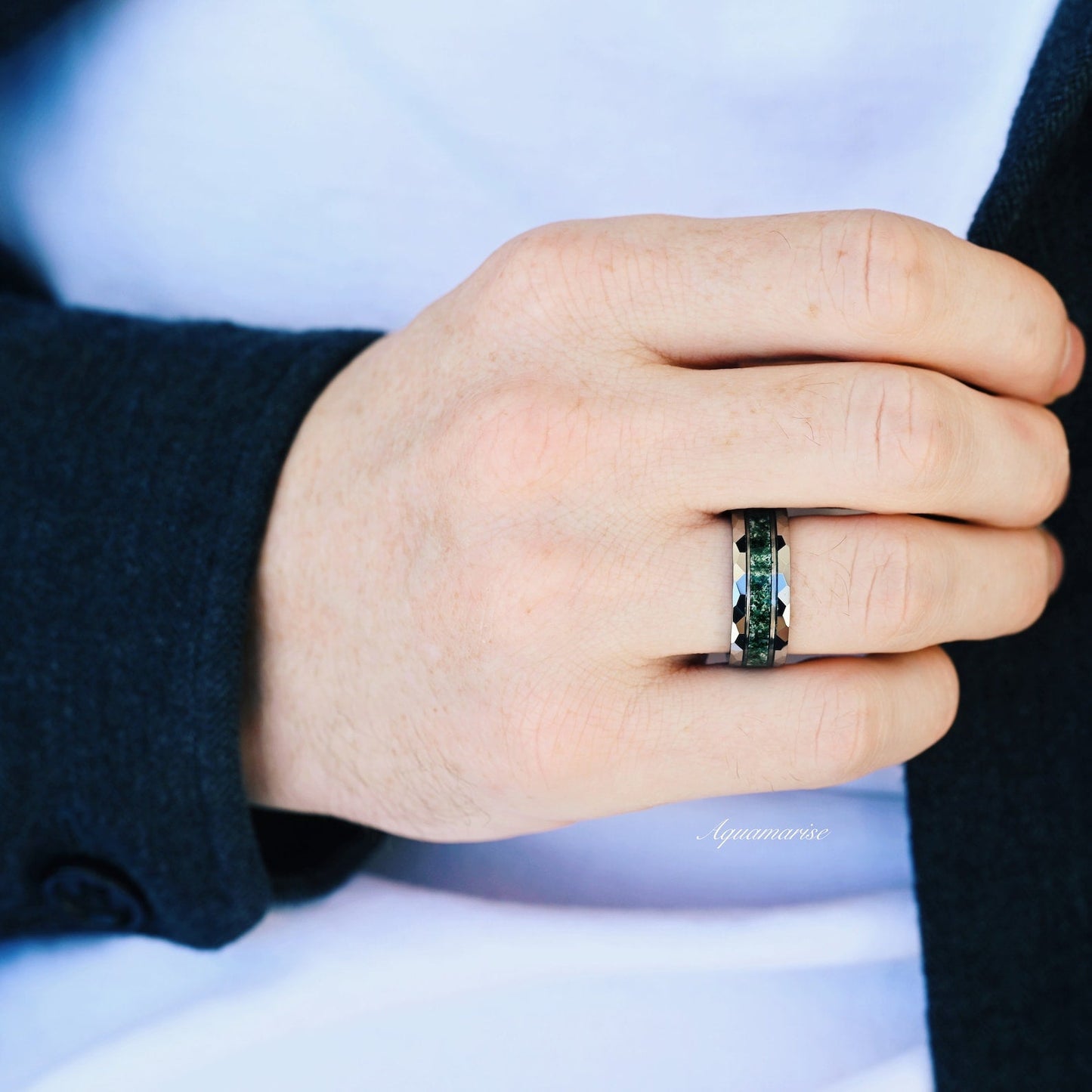 Hexagon Coffin Green Moss Agate Couples Ring Set