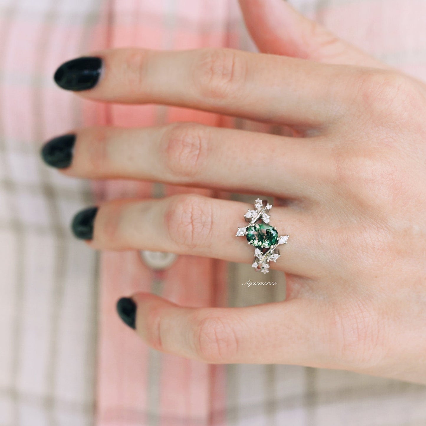 Moss Agate Leaf Couples Ring Set