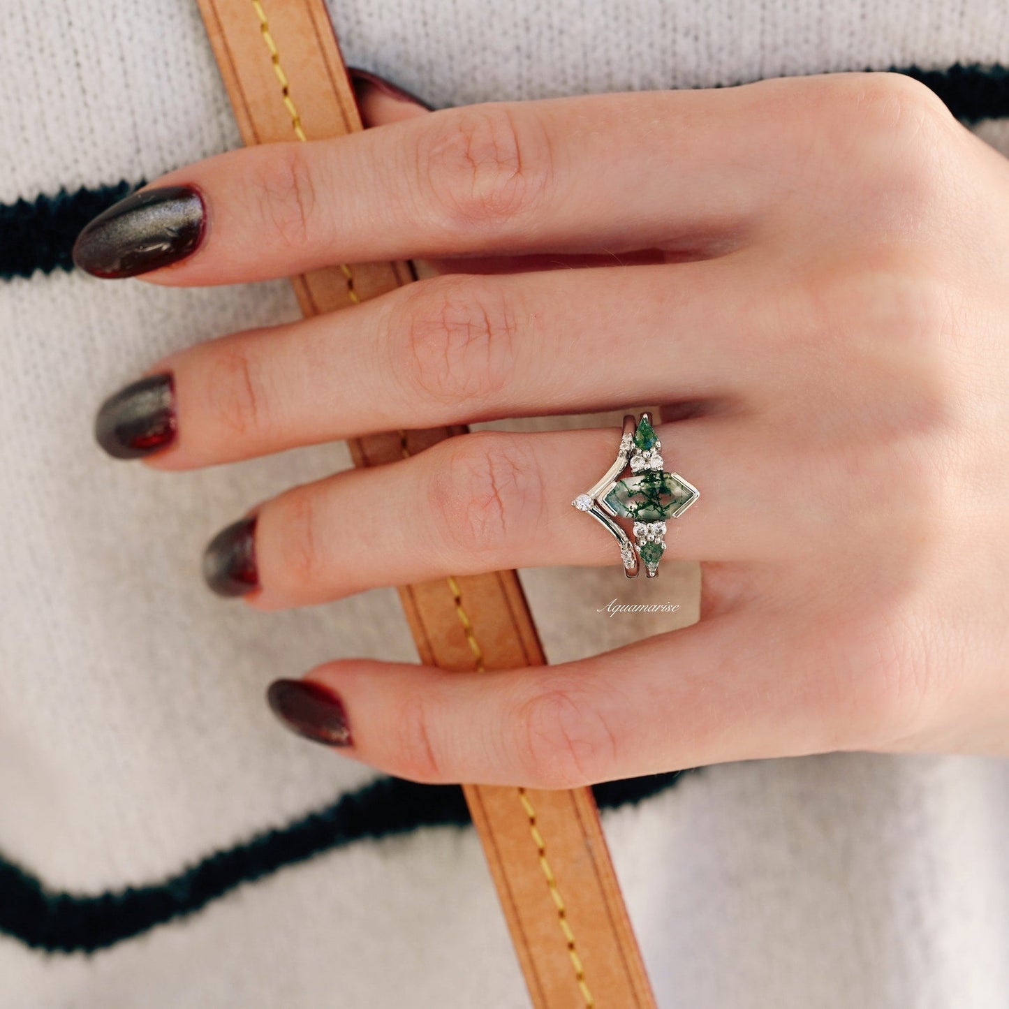 Hexagon Coffin Green Moss Agate Couples Ring Set
