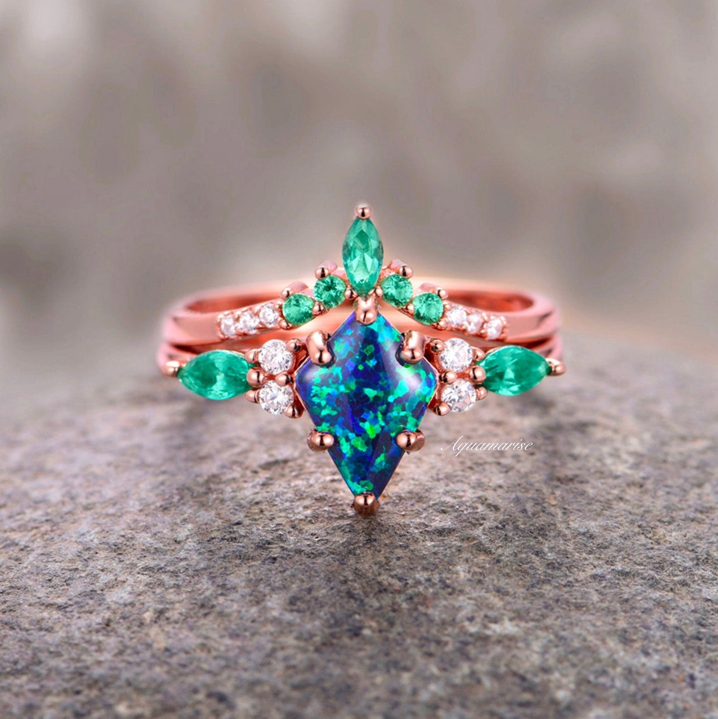 Skye Kite®  Peacock Fire Opal & Emerald Couples Ring Set