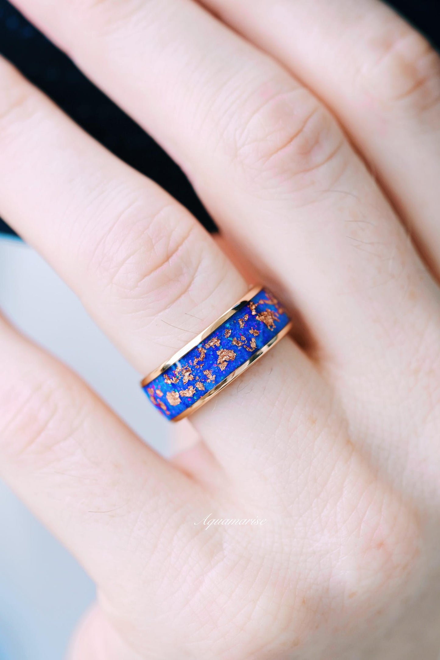 Starry Night Van Gogh Fire Opal & Rose Gold Leaf Couples Ring Set