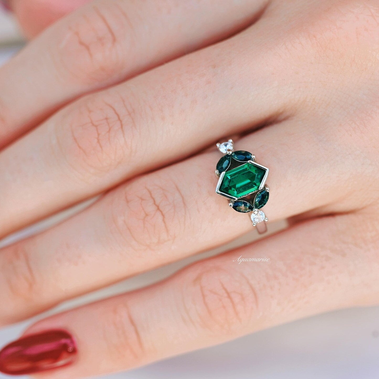 Hexagon Emerald & Moss Agate Couples Ring Set