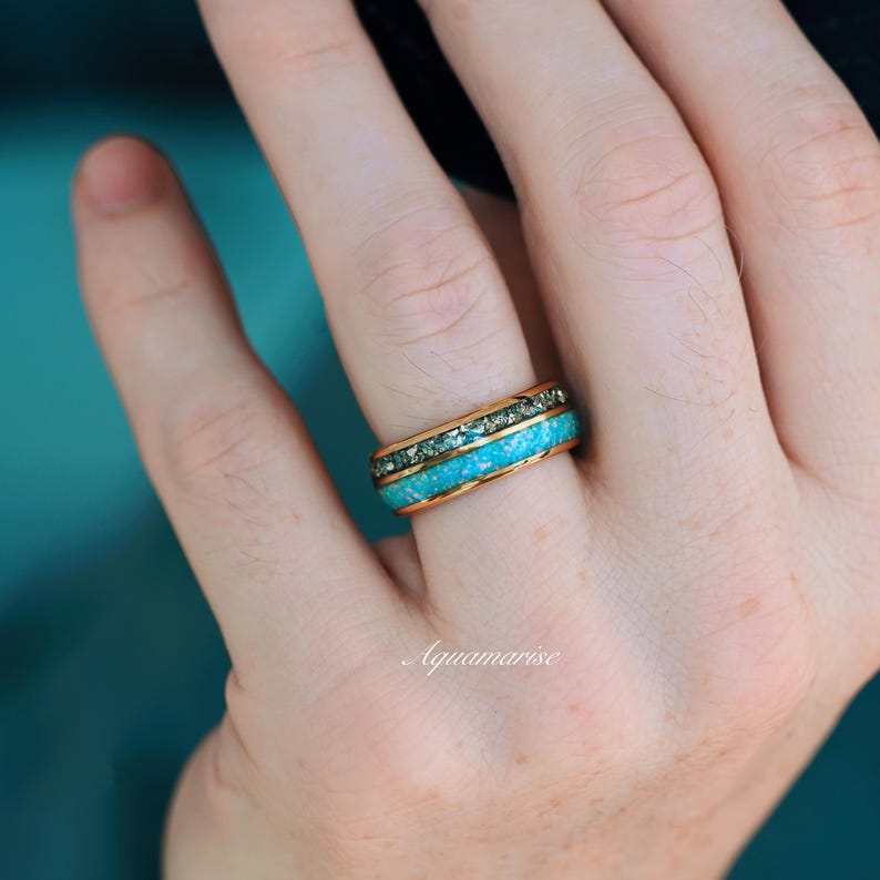 Blue Fire Opal & Crushed Diamond Couples Ring Set