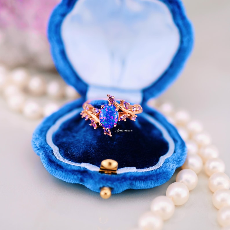 Starry Night Van Gogh Fire Opal & Rose Gold Leaf Couples Ring Set