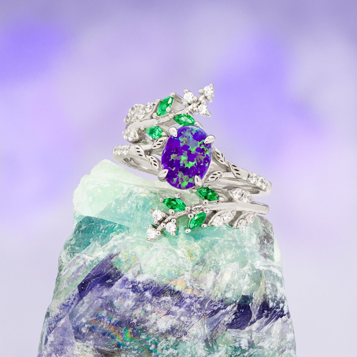 Lavender Fire Opal & Emerald Leaf Couples Ring Set