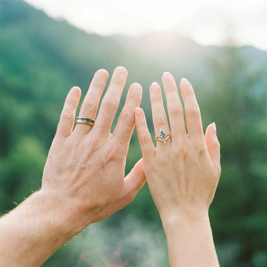 Mountain Range Green Moss Agate Couples Ring Set