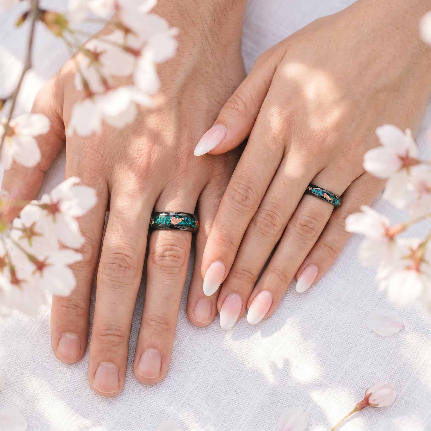 Peacock Fire Opal & Rose Gold Leaf Couples Ring Set